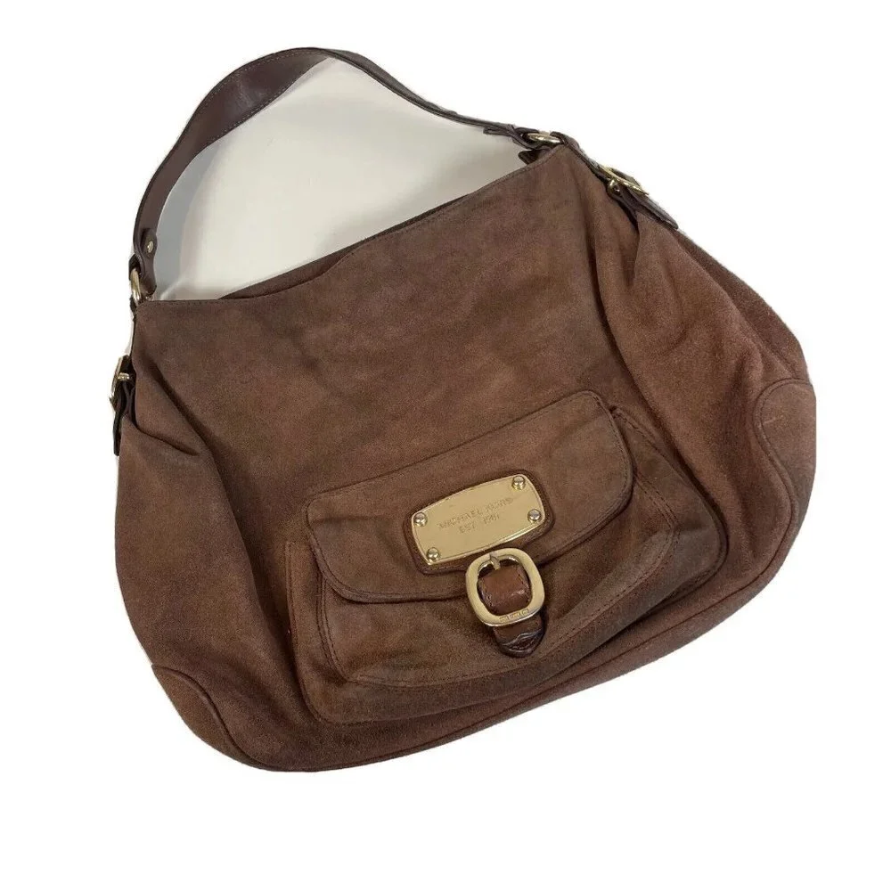 Michael Kors Hudson Downtown Suede‎ Hobo Bag Purse Brown Lined Gold Buckle